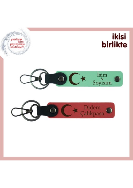 Babaya Kalıcı Hatıra Ay Yıldız Temalı, Isim Yazılı 2’li Anahtarlık Takımı, Açık Yeşil-Nar Çiçeği