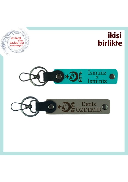 Ayyıldız Kurt Göktürk Temalı Kişiselleştirilebilir Hediyelik Anahtarlık Seti, Koyu Turkuaz-Kül Gri