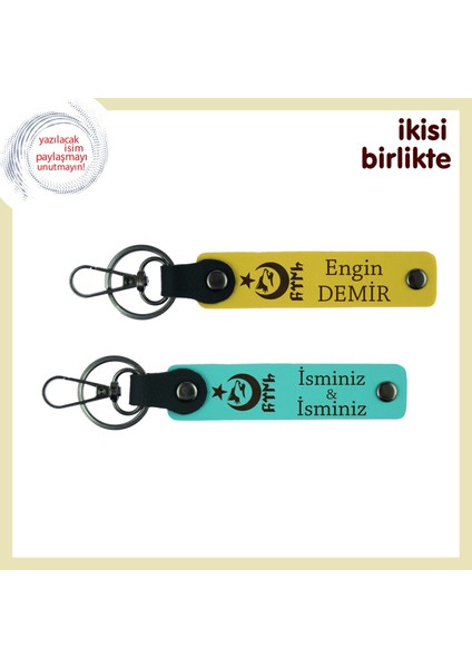 Sadakatin Simgesi – Sevgiliye Ayyıldız Kurt Göktürk Temalı Deri Anahtarlık Takımı, Sarı-Turkuaz
