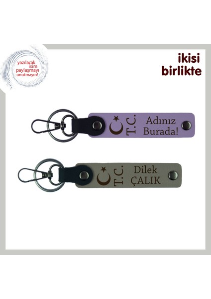 Milli Ruh Taşıyan Ay Yıldız Tc Anahtarlık – Isme Yazılabilir Deri Hediye Seti, Mor Menekşe-Kül Gri