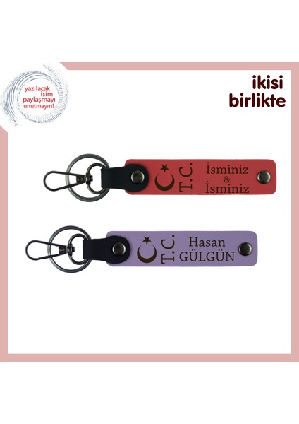Eşe Özel Anlamlı Armağan – Ay Yıldız Tc Temalı Kişisel Deri Anahtarlık Seti 2'li, Nar Çiçeği-Mor