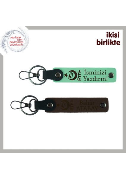 Yeni Işe Başlayanlara Tebrik, Ayyıldız Kurt Göktürk Desenli Isimli 2’li Anahtarlık, Açık Yeşil-Kahve