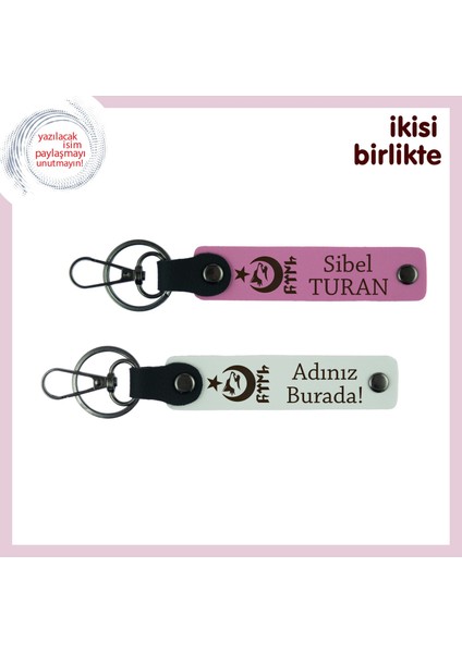 Kuzene Şık Hatıra – Ayyıldız Kurt Göktürk Temalı Kişiselleştirilebilir Anahtarlık, Pembe-Beyaz