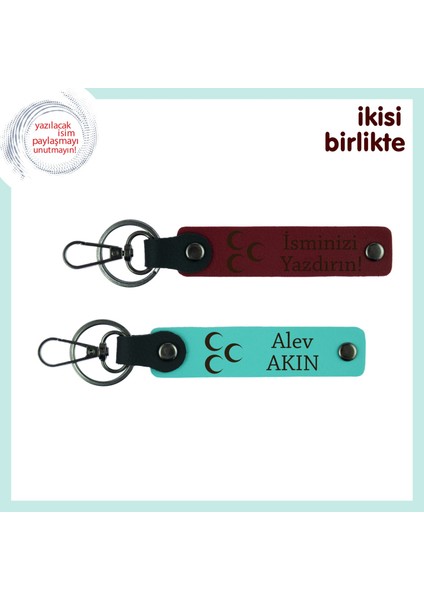 Üç Hilal Desenli Sevgiliye Hediye – Kişisel Isimli Anahtarlık Takım 2'li, Bordo-Turkuaz
