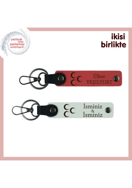 Üç Hilal Deri Anahtarlık Set – Milli Ruhla Hazırlanmış Kişisel Hediye, Nar Çiçeği-Beyaz