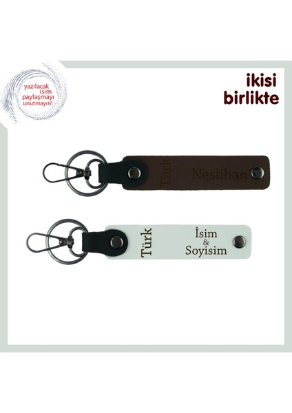 Yılbaşı Için Vatan Temalı Hediye – Türk Yazısı Isimli Anahtarlık Seti, Koyu Kahve-Beyaz