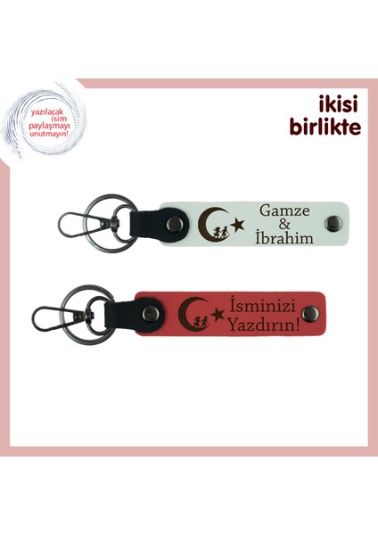 Yeni Mezuna Hediye, Çocuk ve Ayyıldız Desenli Isim Yazılı 2’li Anahtarlık Seti, Beyaz-Nar Çiçeği