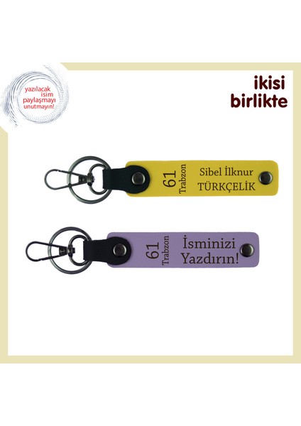 61 Trabzon Temalı Şık Hediyelik Anahtarlık Takımı, Isim Yazılabilen Tasarım, Sarı-Mor Menekşe