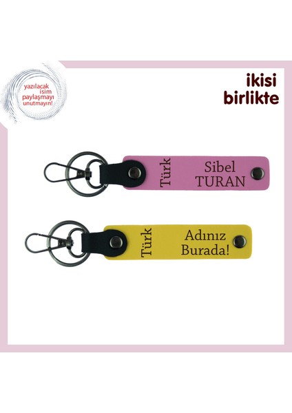 Aşkınla Bütünleşen Hediye – Türk Yazısı Temalı Deri Anahtarlık Takımı X2 Set, Pembe-Sarı
