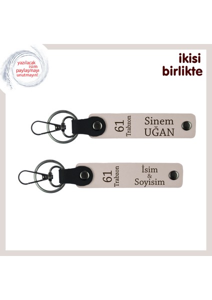 61 Trabzon Yazılı Deri Anahtarlık X2'li Set, Isminize Özel Üretim, Hediyelik, Pudra-Pudra