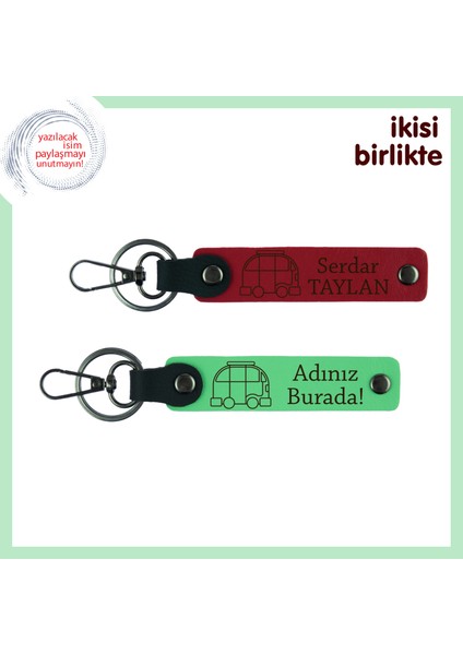 Kamp Rotalarını Sevenlere, Karavan Temalı Deri Anahtarlık Takımı, Isim Yazılı, Kırmızı-Fıstık Yeşil