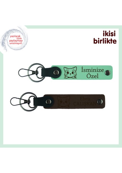 Kedili Hediye Arayanlara Şık Seçenek, Isimli Deri Anahtarlık, 2’li Set, Açık Yeşil-Koyu Kahve