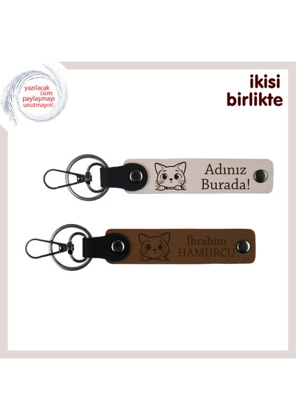 Anneye ve Evdeki Patisine Ortak Hediye, Kişisel Deri Anahtarlık 2’li, Pudra-Açık Kahve