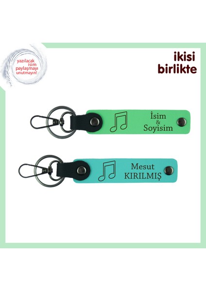 Koro Anılarına Yakışır Sade Hatıra, Nota Motifli Deri Anahtarlık Seti, Isim Yazılı, F Yeşil-Turkuaz