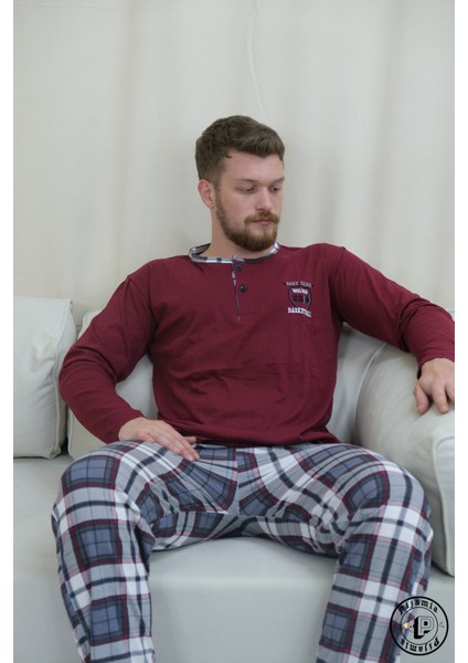 Bordo Ekose Desenli Düğmeli Uzun Kol Erkek Pijama Takımı modelleri