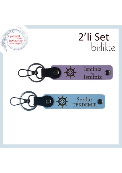 Arkadaşınızla Ortak Bir Hatıra, Gemi Dümeni Desenli Deri Takım, Mor Menekşe-Gök Mavi