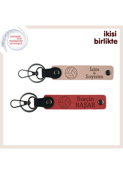 Yazılabilir Isimli Deri Voleybol Anahtarlık, 2’li Set, Kişiselleştirilebilir, Yavru Ağzı-Nar Çiçeği