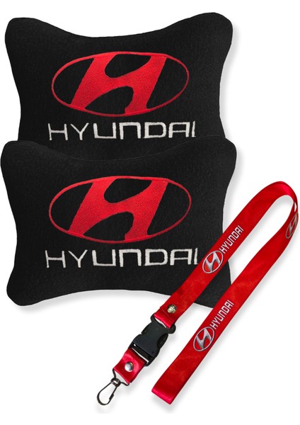 Hyundai Uyumlu Beyaz Nakışlı Siyah Polar Ortopedik Araç Seyahat Boyun Yastık / Araç Oto Ayna Askısı