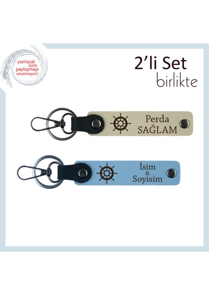 Sevgiliye Ortak Yolculuğun Hatırası, Gemi Dümeni Desenli Anahtarlık Takımı, Sütlü Kahve-Gök Mavi