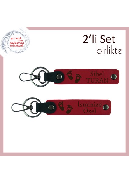 Isim Yazılabilir Deri Anahtarlık, Kalpli Ayak Motifiyle Sevimli ve Anlamlı Hediye, Kırmızı-Kırmızı