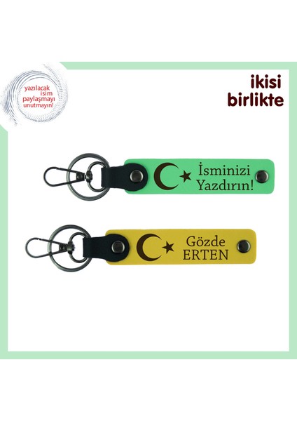 Kurumsal Çalışanlara Anı – Ay Yıldız ve Isimli Anahtarlık Takımı, 2’li Set, Fıstık Yeşil-Sarı