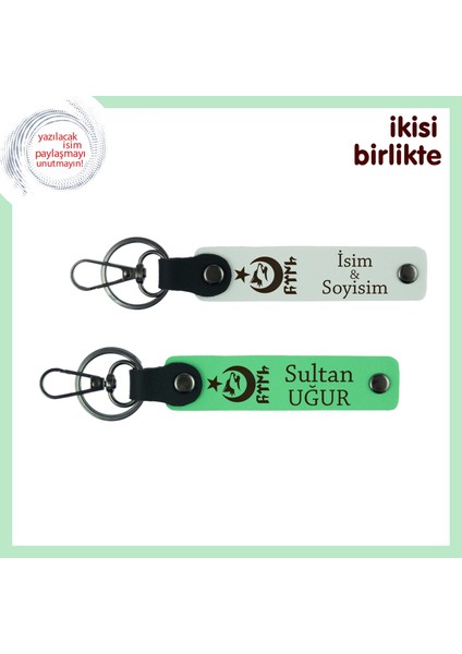 Kişiye Özel Tasarımlı Ayyıldız Kurt Göktürk Temalı 2’li Isim Yazılı Anahtarlık Seti, Beyaz-Yeşil