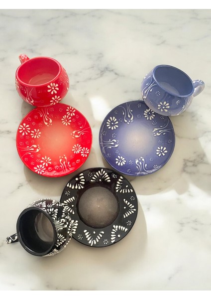 Dekoratif Şık Tasarım Tamamen El Yapımı Kırmızı , Lacivert ve Siyah 3 Kişilik Kahve Fincanı indirimleri
