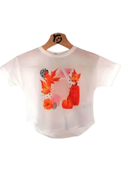 Kız Çocuk Önü Şık Baskılı Arkası Düz T-Shirt Ekru