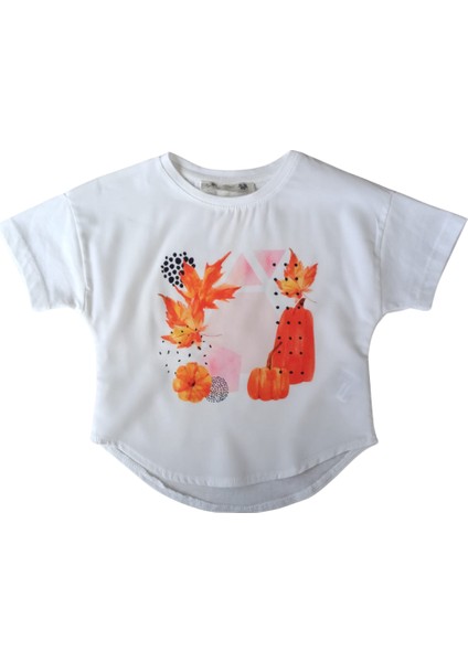 Kız Çocuk Önü Şık Baskılı Arkası Düz T-Shirt Ekru
