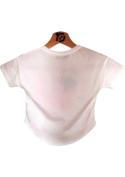 Kız Çocuk Önü Şık Baskılı Arkası Düz T-Shirt Ekru
