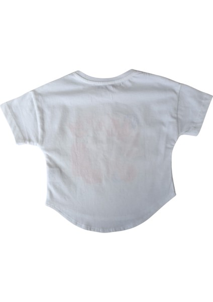 Kız Çocuk Önü Şık Baskılı Arkası Düz T-Shirt Ekru
