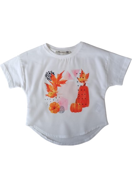 Kız Çocuk Önü Şık Baskılı Arkası Düz T-Shirt Ekru