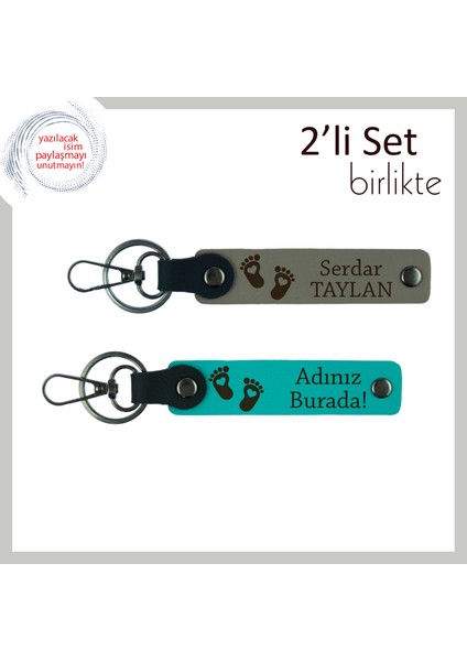 Erkek Bebeğe Mavi Renkli Kalpli Ayak Figürlü Kişisel Deri Anahtarlık Takımı, Kül Gri-Koyu Turkuaz