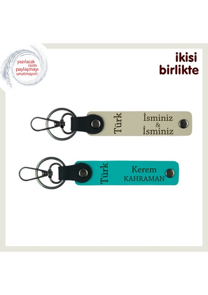 Milli Temalı Türk Yazısı, Sevgilinize Özel Isimli X2 Anahtarlık Takımı, Sütlü Kahve-Turkuaz