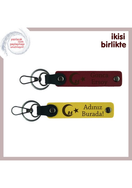 Eşe Verilebilecek Anlamlı Hatıra – Çocuk ve Ayyıldız ve Isimli 2’li Deri Anahtarlık, Bordo-Sarı
