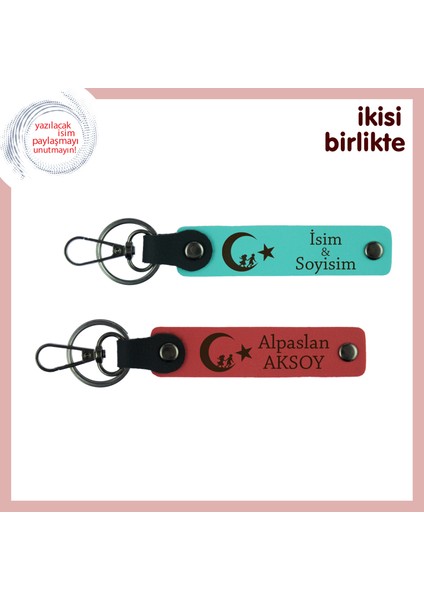 Kalbinin Sahibine Milli Ruhlu Hediye – Çocuk ve Ayyıldız Anahtarlık X2 Set, Turkuaz-Nar Çiçeği