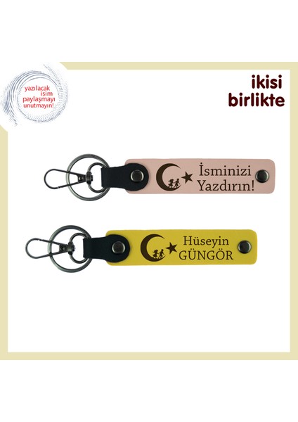 Gönülden Anlamlı Bir Hediye Çocuk ve Ayyıldız Kişisel Isimli Deri Anahtarlık X2, Yavru Ağzı-Sarı