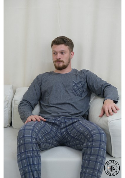 Gri Ekose Desenli Uzun Kol Erkek Pijama Takımı