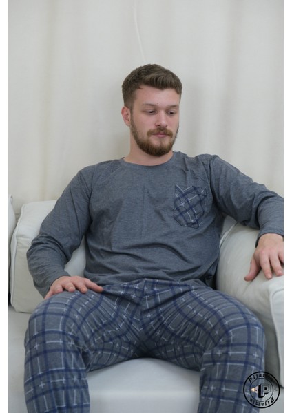 Gri Ekose Desenli Uzun Kol Erkek Pijama Takımı