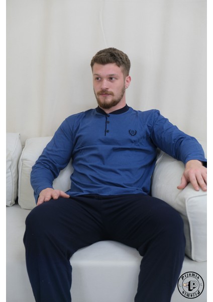 Mavi Düğmeli Uzun Kol Erkek Pijama Takımı