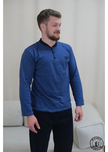 Mavi Düğmeli Uzun Kol Erkek Pijama Takımı modelleri