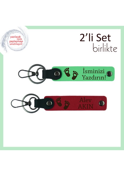 Ilk Bebek Için Anlamlı Hatıra, Kalpli Ayak Desenli Kişiye Özel Deri Anahtarlık Set, F Yeşil-Kırmızı
