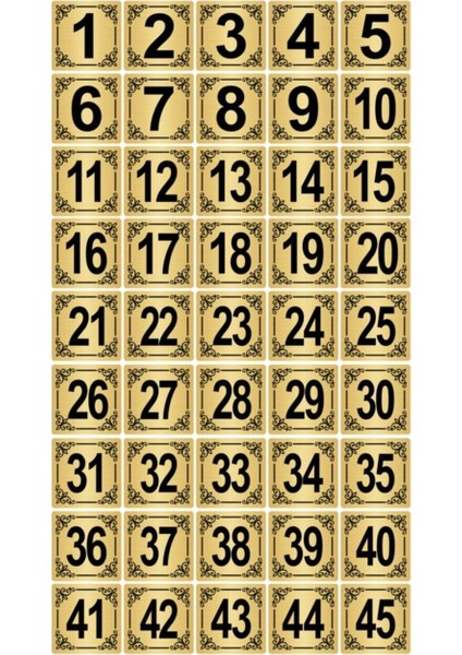 Metal Kapı,masa,dolap Numarası 3,5x3,5cm 45 Adet (1..45) Altın Renk Metal