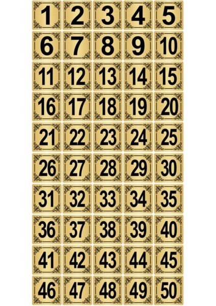 Metal Kapı,masa,dolap Numarası 15X15CM 50 Adet (1..50) Altın Renk Metal