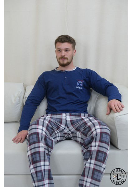Mavi Ekose Desenli Düğmeli Uzun Kol Erkek Pijama Takımı
