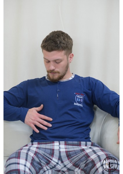 Mavi Ekose Desenli Düğmeli Uzun Kol Erkek Pijama Takımı