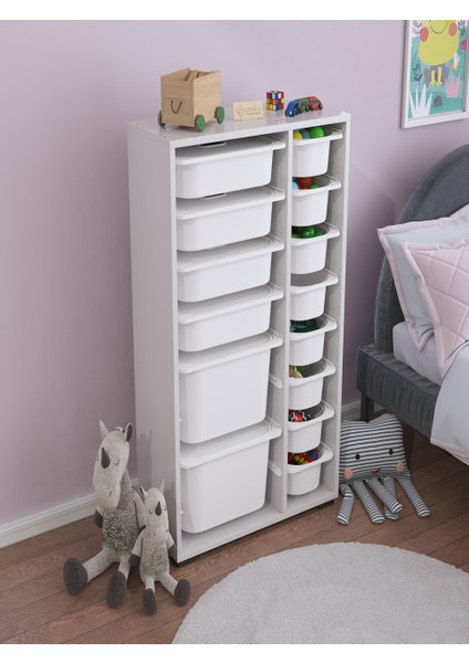 Rine 14 Sepetli 6 Kapaklı Çok Amaçlı Oyuncak Dolabı Beyaz 2D4K8U