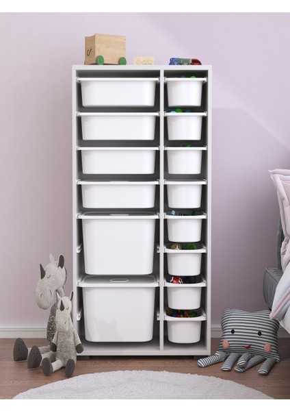 Rine 14 Sepetli 6 Kapaklı Çok Amaçlı Oyuncak Dolabı Beyaz 2D4K8U modelleri
