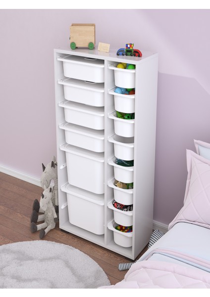 Rine 14 Sepetli 6 Kapaklı Çok Amaçlı Oyuncak Dolabı Beyaz 2D4K8U fırsatları