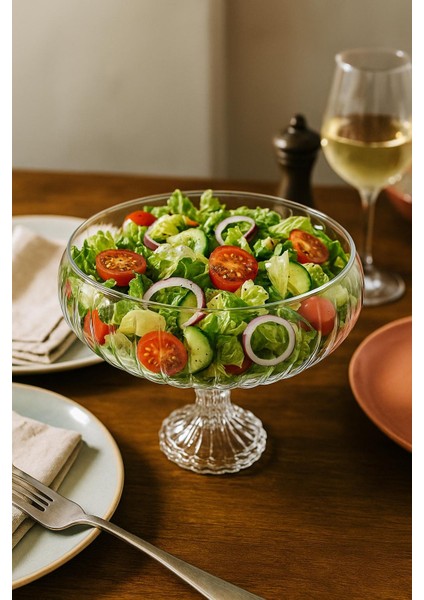 El Yapımı Ayaklı Büyük Boy Cam Salata Meyve Çerez Makarna Sunum Kasesi Şeffaf 23 cm fiyatları